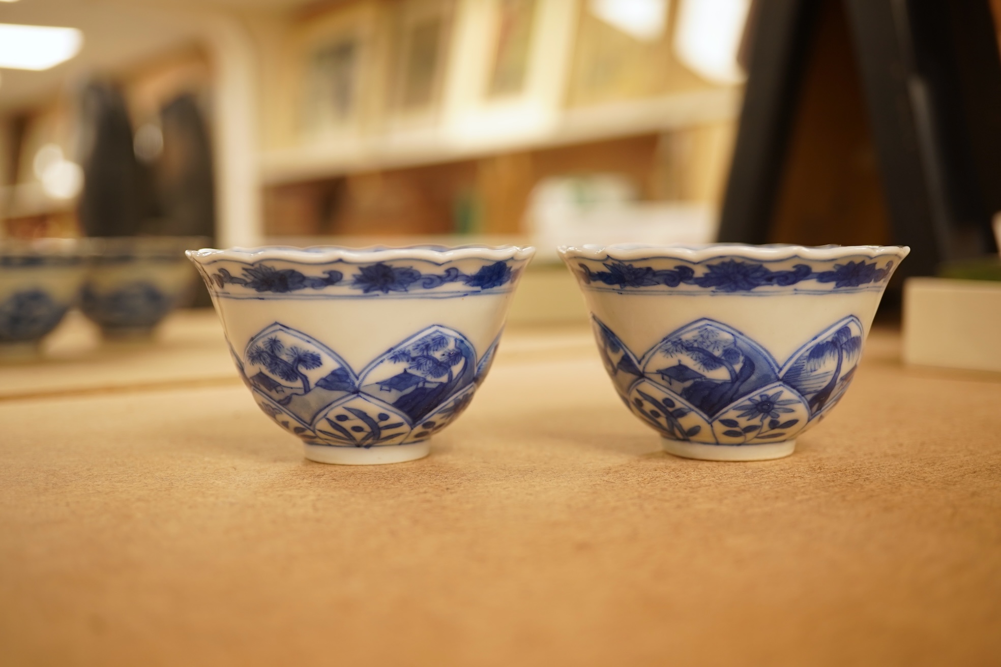 Two Chinese blue and white tea bowls and saucers, saucer 10cm diameter.